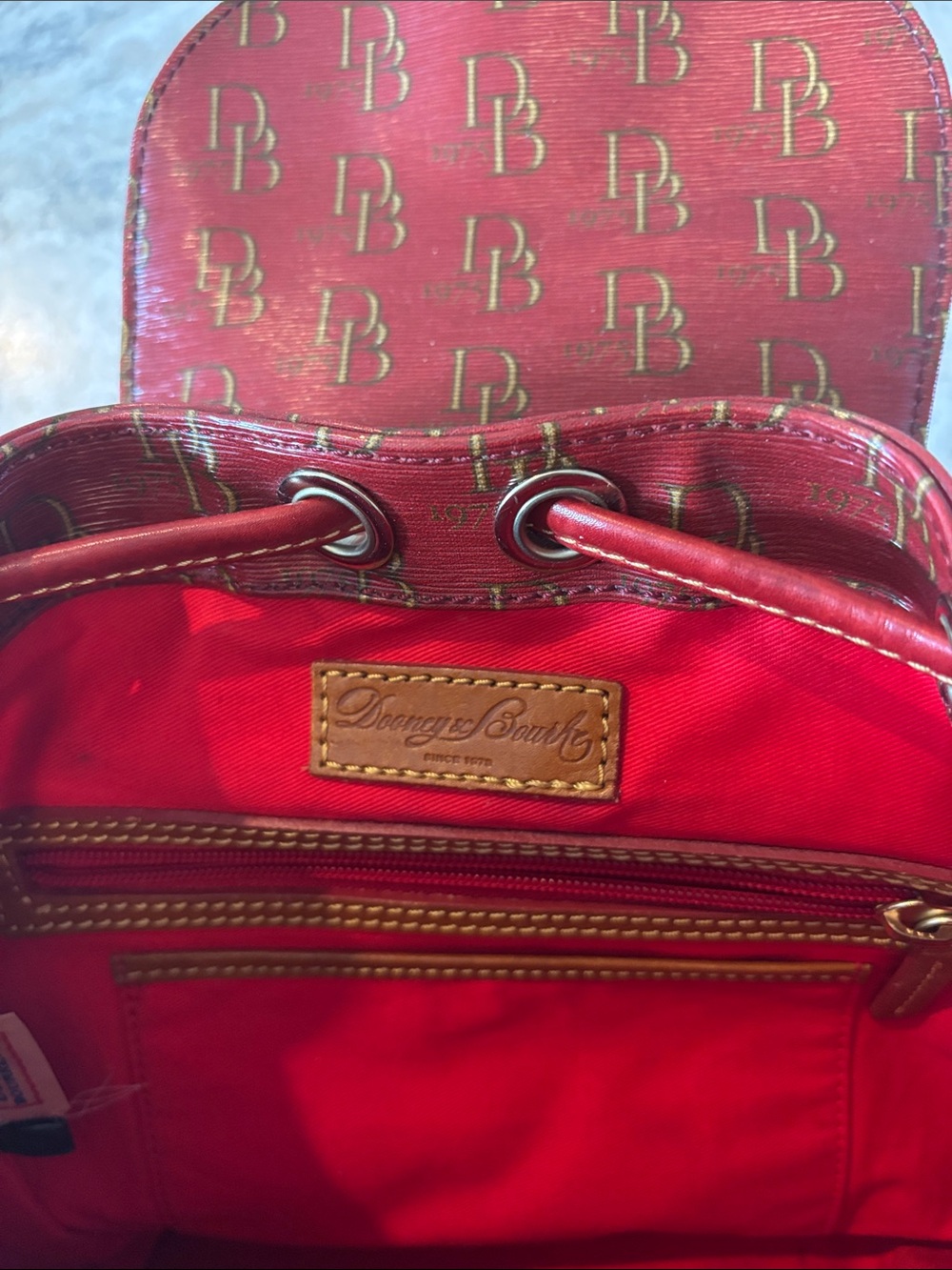 Dooney & Bourke Red Monogram Drawstring Backpack - Picture 2 of 5